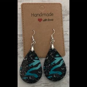 Black glitter teal zebra teardrop earrings